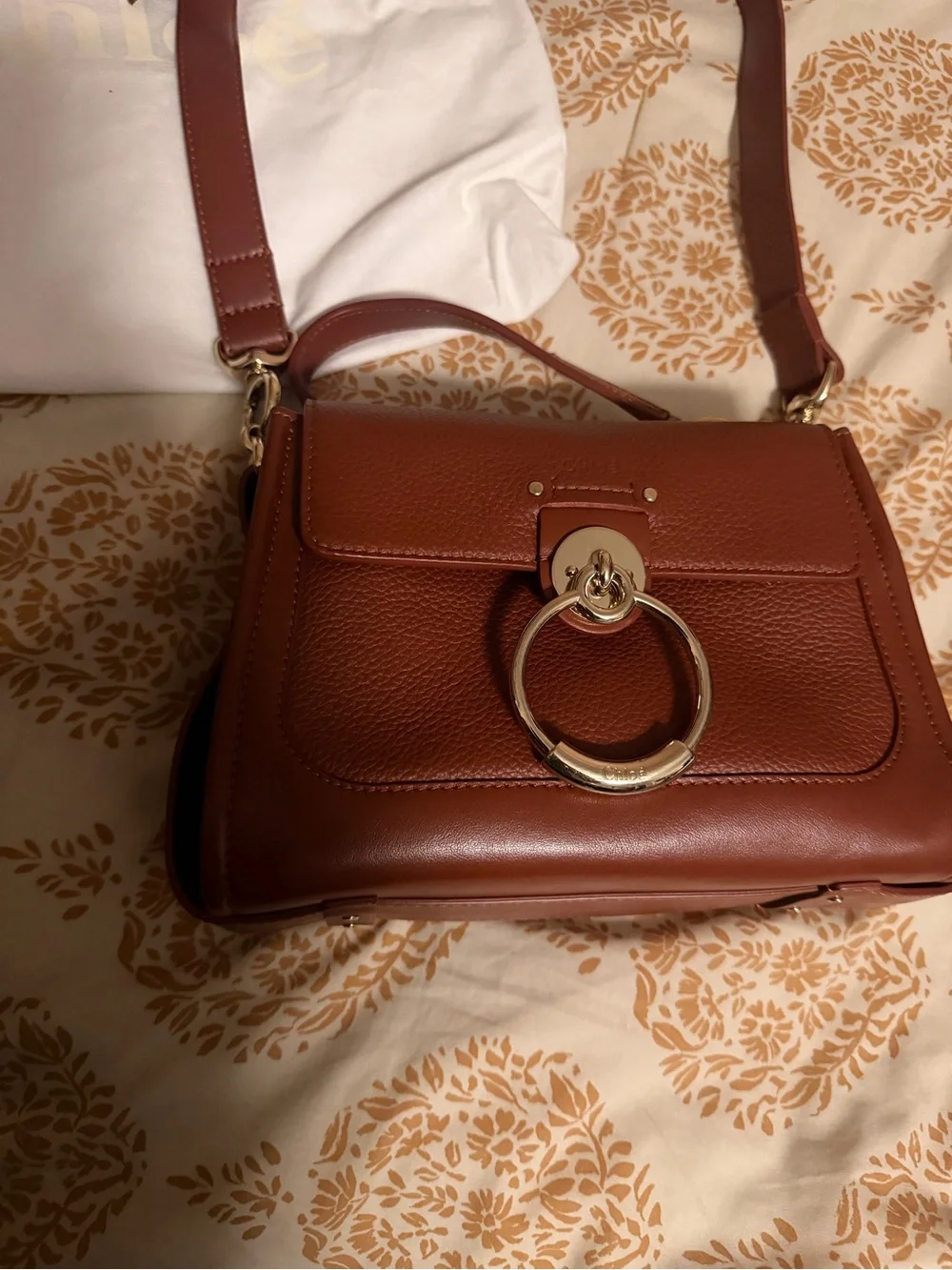 Chloe Brown Leather Top-Handle Satchel with Gold Ring